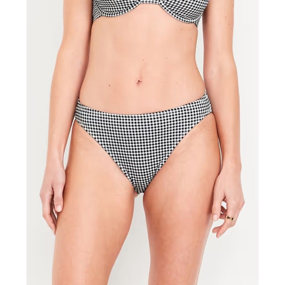 Old Navy Sz M Mid-Rise Black Check Bikini Bottoms Womens Beach Swim Wear Stretch